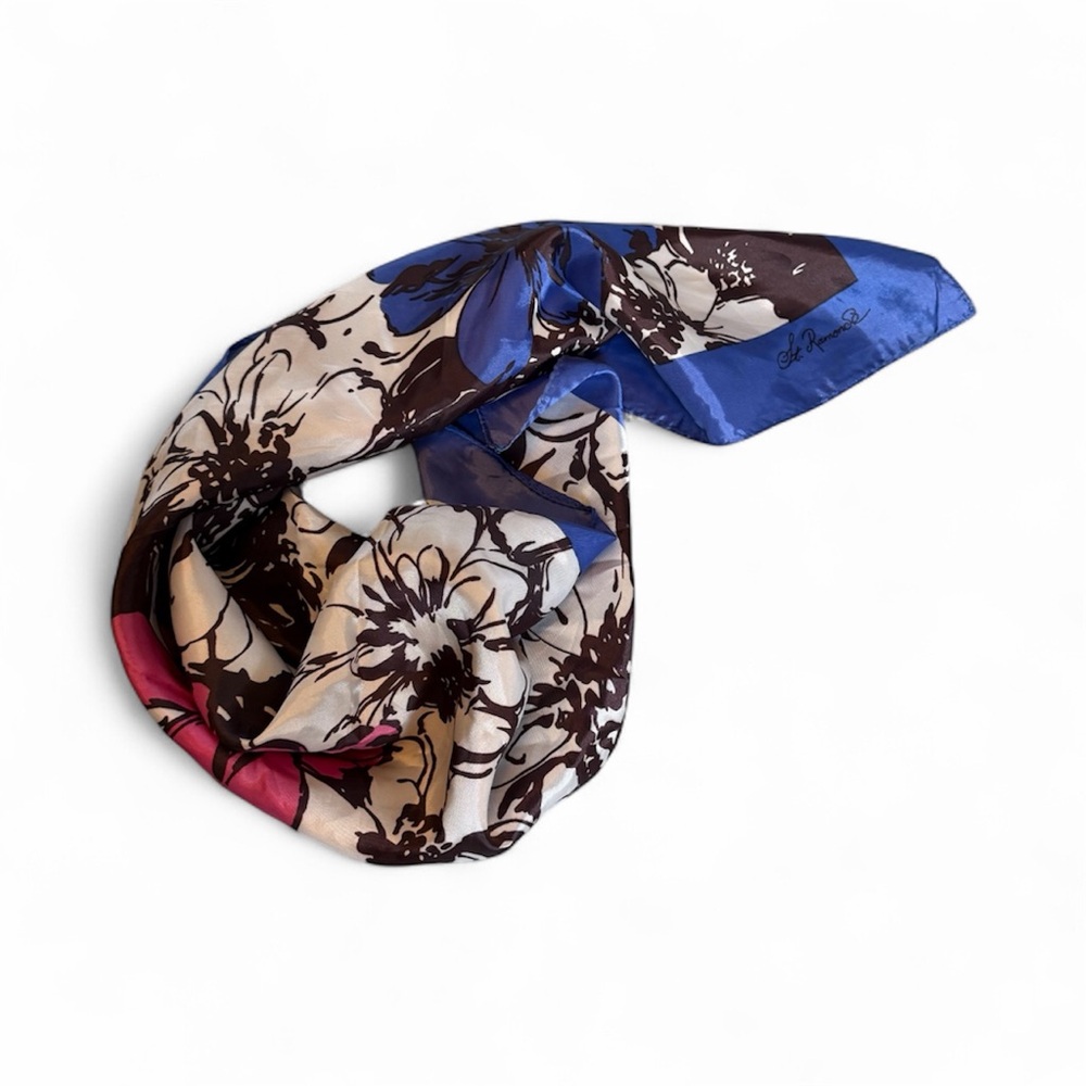 St Ramonde Floral Silk Scarf with Blue Border - Picture 4 of 4